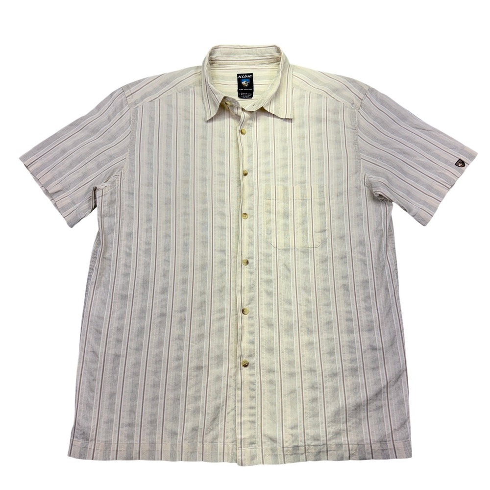 Kuhl Athletik Fit Striped Button Down Shirt Mens XL Short Sleeve Casual Tan Boho
